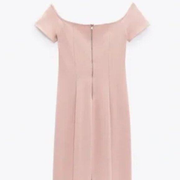 ZARA NWT Baby Light Pink Topstitched Off the Shoulder Bodycon Midi Dress Size M - Picture 8 of 16